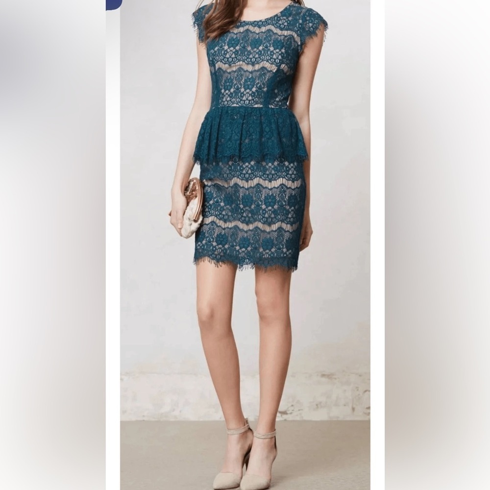 MAUVE Lace Sheath Tiered Elsa Peplum Dress Teal Emerald Anthropologie, Sz Small